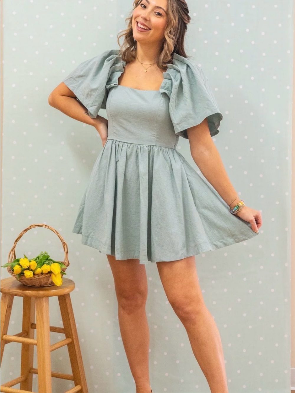 Puff-Sleeve Square Neck Mini Dress in Sage Green